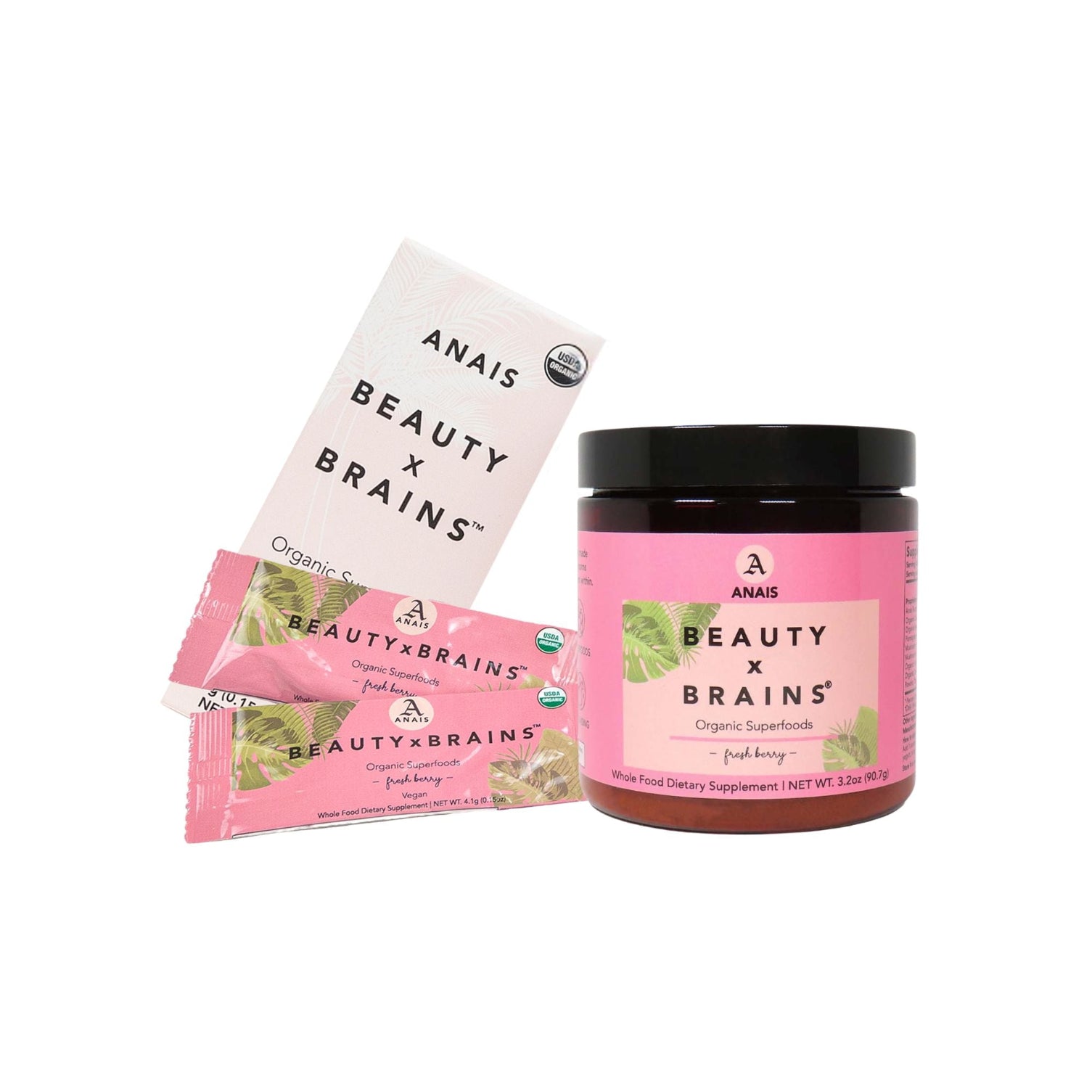 Anais Beauty x Brains organic supplement packaging on a white background